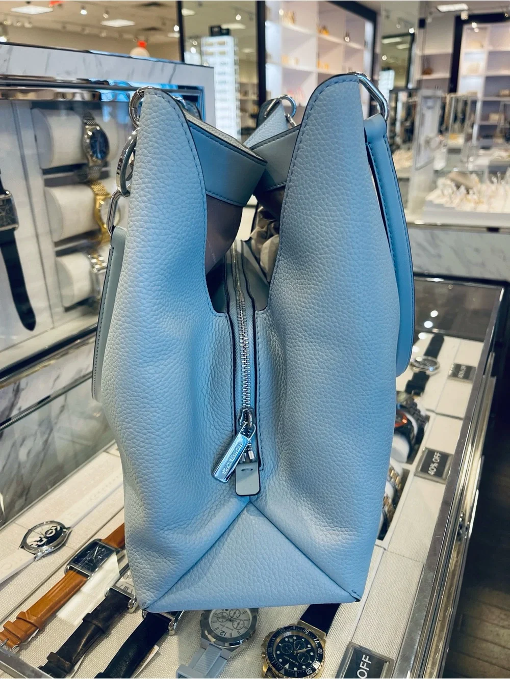 Michael Kors Christina Large Pebbled Leather Shoulder Bag Pale Ocean  NWT